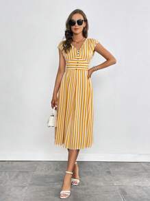 SHEIN LUNE In sọc Nút phía trước Đầm - Màu vàng - Xem 5