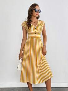 SHEIN LUNE In sọc Nút phía trước Đầm - Màu vàng - Xem 6