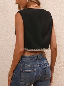 SHEIN LUNE 鏤空蕾絲花邊開門襟夾克背心 - 黑色 - 查看 2