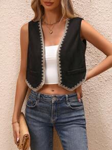 SHEIN LUNE 鏤空蕾絲花邊開門襟夾克背心 - 黑色 - 查看 6