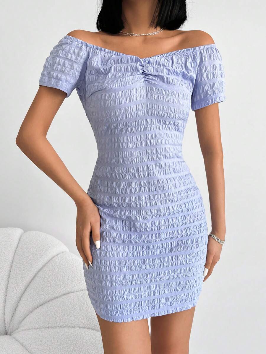 RueChic Off Shoulder Ruched Front Bodycon Dress - Baby Blue - View 1