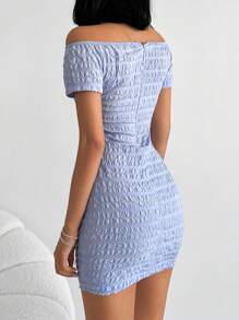 RueChic Off Shoulder Ruched Front Bodycon Dress - Baby Blue - View 2