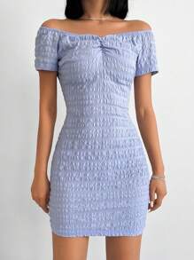 RueChic Off Shoulder Ruched Front Bodycon Dress - Baby Blue - View 3