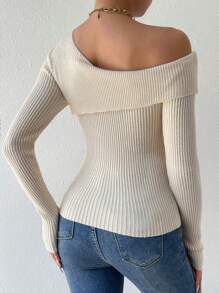 Chiquease Foldover Asymmetrical Neck Ribbed Knit Sweater,Long Sleeve Tops Knit Pullover Fall Winter Sweater - Apricot - View 2