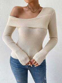Chiquease Foldover Asymmetrical Neck Ribbed Knit Sweater,Long Sleeve Tops Knit Pullover Fall Winter Sweater - Apricot - View 3