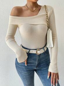 Chiquease Foldover Asymmetrical Neck Ribbed Knit Sweater,Long Sleeve Tops Knit Pullover Fall Winter Sweater - Apricot - View 4