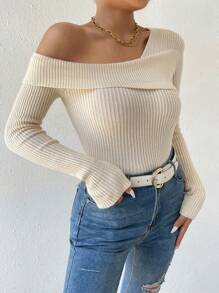 Chiquease Foldover Asymmetrical Neck Ribbed Knit Sweater,Long Sleeve Tops Knit Pullover Fall Winter Sweater - Apricot - View 5