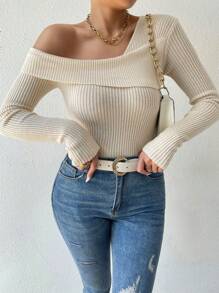 Chiquease Foldover Asymmetrical Neck Ribbed Knit Sweater,Long Sleeve Tops Knit Pullover Fall Winter Sweater - Apricot - View 6