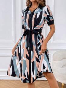 SHEIN Clasi Geo Print Belted Shirt Dress - Multicolor - View 1