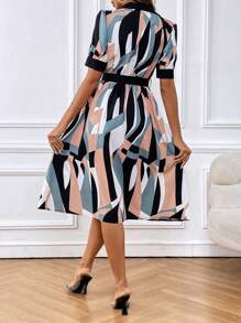 SHEIN Clasi Geo Print Belted Shirt Dress - Multicolor - View 2