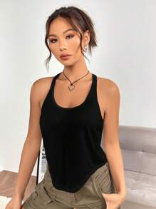 SHEIN EZwear Solid Curved Hem Racer Back Tank Top - Black - View 3