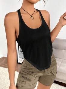 SHEIN EZwear Solid Curved Hem Racer Back Tank Top - Black - View 4