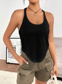 SHEIN EZwear Solid Curved Hem Racer Back Tank Top - Black - View 5