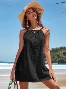 Swim Vcay Summer Beach Solid Color Women's Sleeveless Cover Up Dress Music Festival - Black - View 4