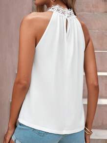 EURMUSE Guipure Lace Panel Keyhole Back Halter Top - White - View 2