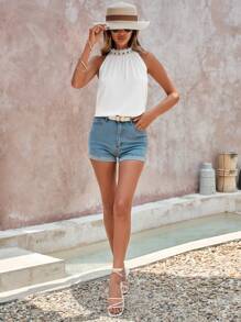 EURMUSE Guipure Lace Panel Keyhole Back Halter Top - White - View 5