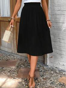 SHEIN Frenchy 素色高腰半身裙 - 黑色 - 查看 5