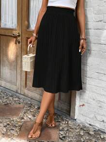 SHEIN Frenchy 素色高腰半身裙 - 黑色 - 查看 6