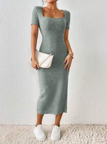 SHEIN Frenchy 女式方领修身高开叉方领纹理面料夏季连衣裙 - 綠色 - 查看 4