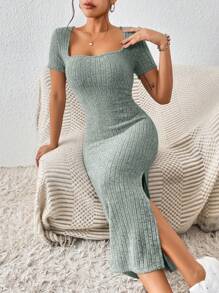 SHEIN Frenchy 女式方领修身高开叉方领纹理面料夏季连衣裙 - 綠色 - 查看 5