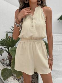 SHEIN Frenchy Lace Trim Half Button Romper - Apricot - View 4