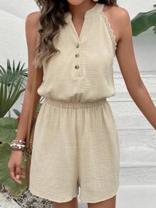 SHEIN Frenchy Lace Trim Half Button Romper - Apricot - View 5