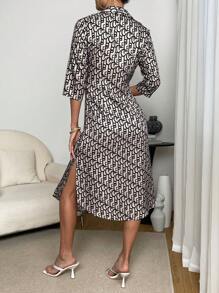 SHEIN Privé Allover Print Button Front Shirt Dress