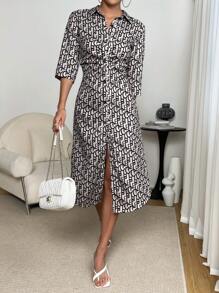 SHEIN Privé Allover Print Button Front Shirt Dress