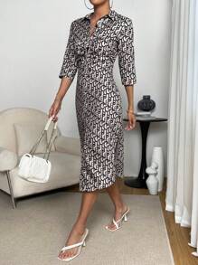SHEIN Privé Allover Print Button Front Shirt Dress