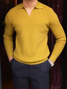 Men Solid Collar Waffle Knit Sweater - Yellow - View 1