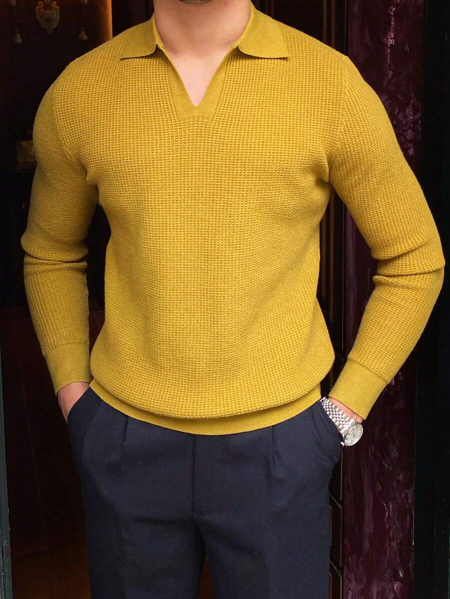 Men Solid Collar Waffle Knit Sweater - Yellow - View 1