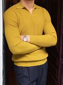 Men Solid Collar Waffle Knit Sweater - Yellow - View 3