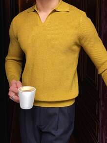 Men Solid Collar Waffle Knit Sweater - Yellow - View 4
