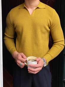 Men Solid Collar Waffle Knit Sweater - Yellow - View 5
