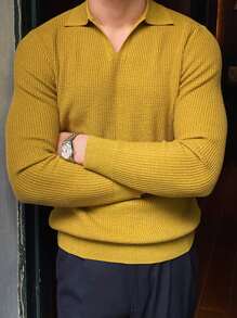 Men Solid Collar Waffle Knit Sweater - Yellow - View 6