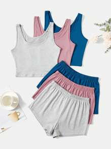 3sets Solid Tank Top & Shorts Lounge Set - Multicolor - View 1
