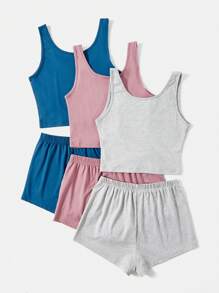 3sets Solid Tank Top & Shorts Lounge Set - Multicolor - View 2