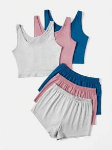 3sets Solid Tank Top & Shorts Lounge Set - Multicolor - View 3