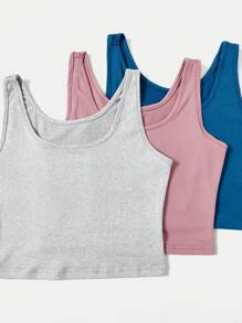 3sets Solid Tank Top & Shorts Lounge Set - Multicolor - View 4