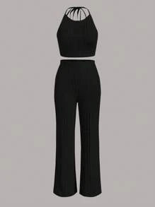 SHEIN EZwear Solid Crop Halter Top & Flare Leg Trousers - Black - View 1
