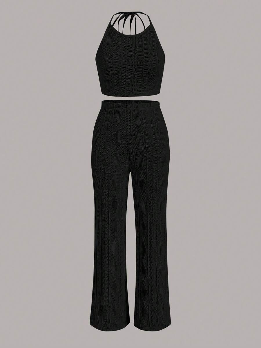 SHEIN EZwear Solid Crop Halter Top & Flare Leg Trousers - Black - View 1