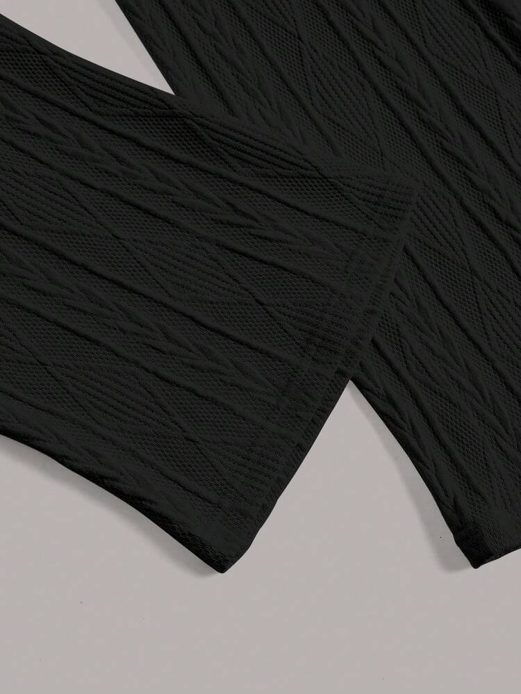 SHEIN EZwear 素色繞頸短上衣&喇叭褲 - 黑色 - 查看 3