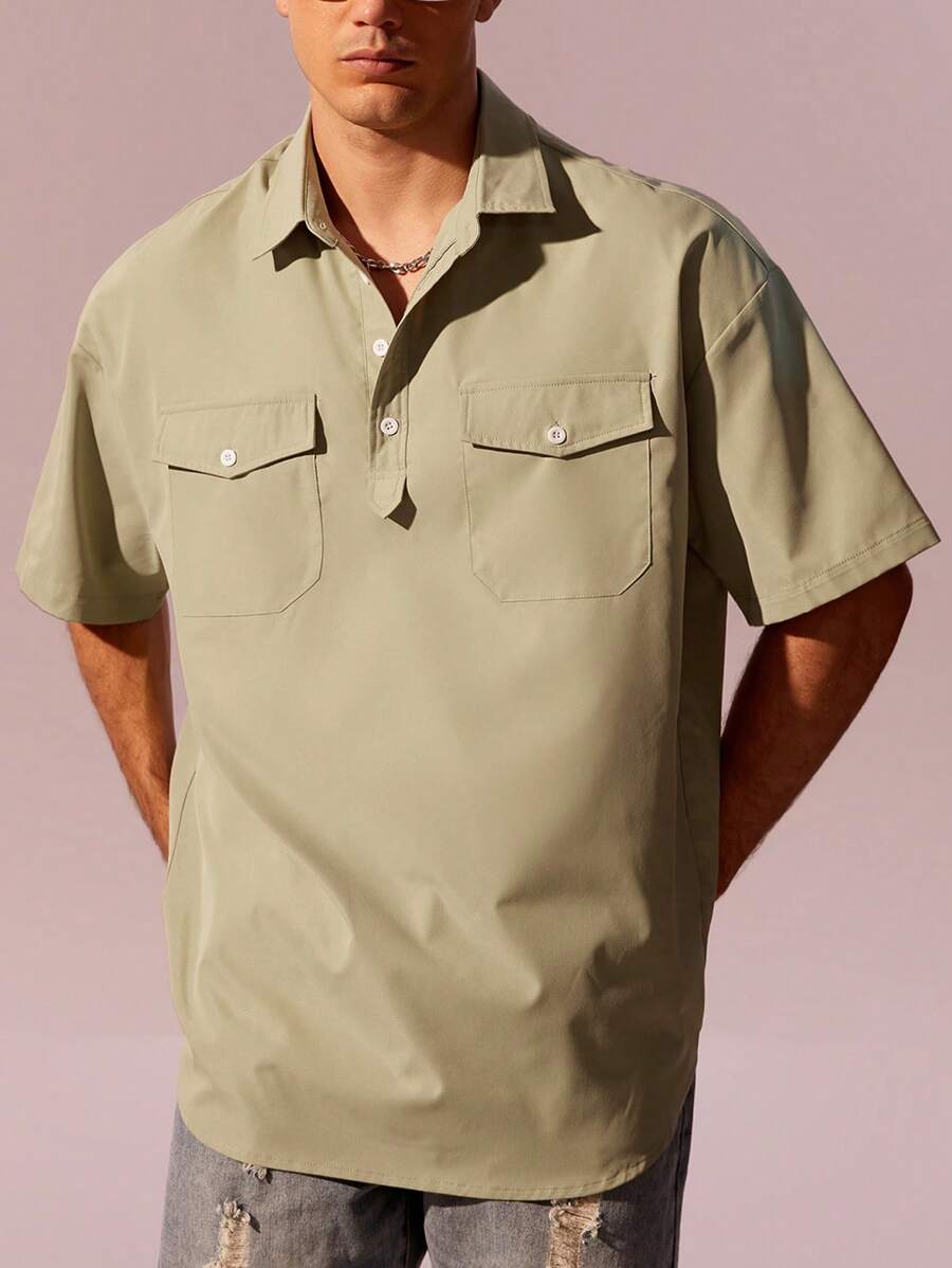 Manfinity Hypemode 男士翻蓋口袋落肩袖POLO衫 - 綠色 - 查看 1