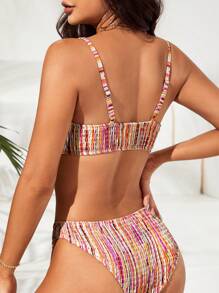 SHEIN Striped Smocked Bikini Set For Summer Beach - Multicolor - View 2