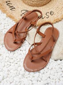 度假T字帶涼鞋適合女士,編織細節平底涼鞋 - 棕色 - 查看 2