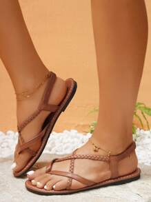 度假T字帶涼鞋適合女士,編織細節平底涼鞋 - 棕色 - 查看 4