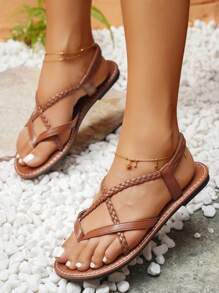 度假T字帶涼鞋適合女士,編織細節平底涼鞋 - 棕色 - 查看 6