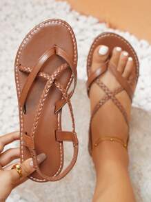 度假T字帶涼鞋適合女士,編織細節平底涼鞋 - 棕色 - 查看 7