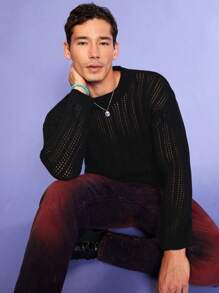 RueChic Men Solid Pointelle Knit Drop Shoulder Sweater - Black - View 1