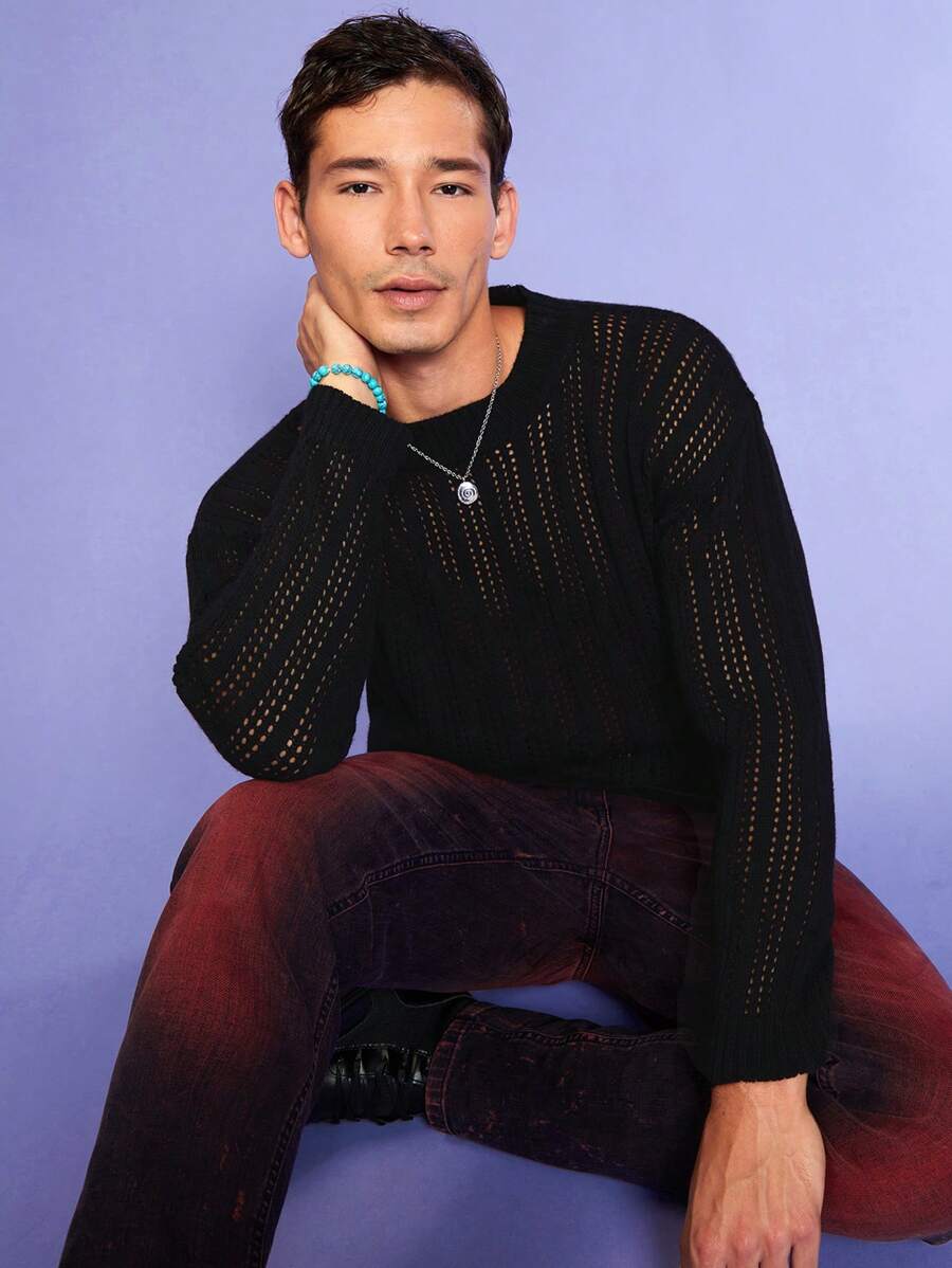 RueChic Men Solid Pointelle Knit Drop Shoulder Sweater - Black - View 1